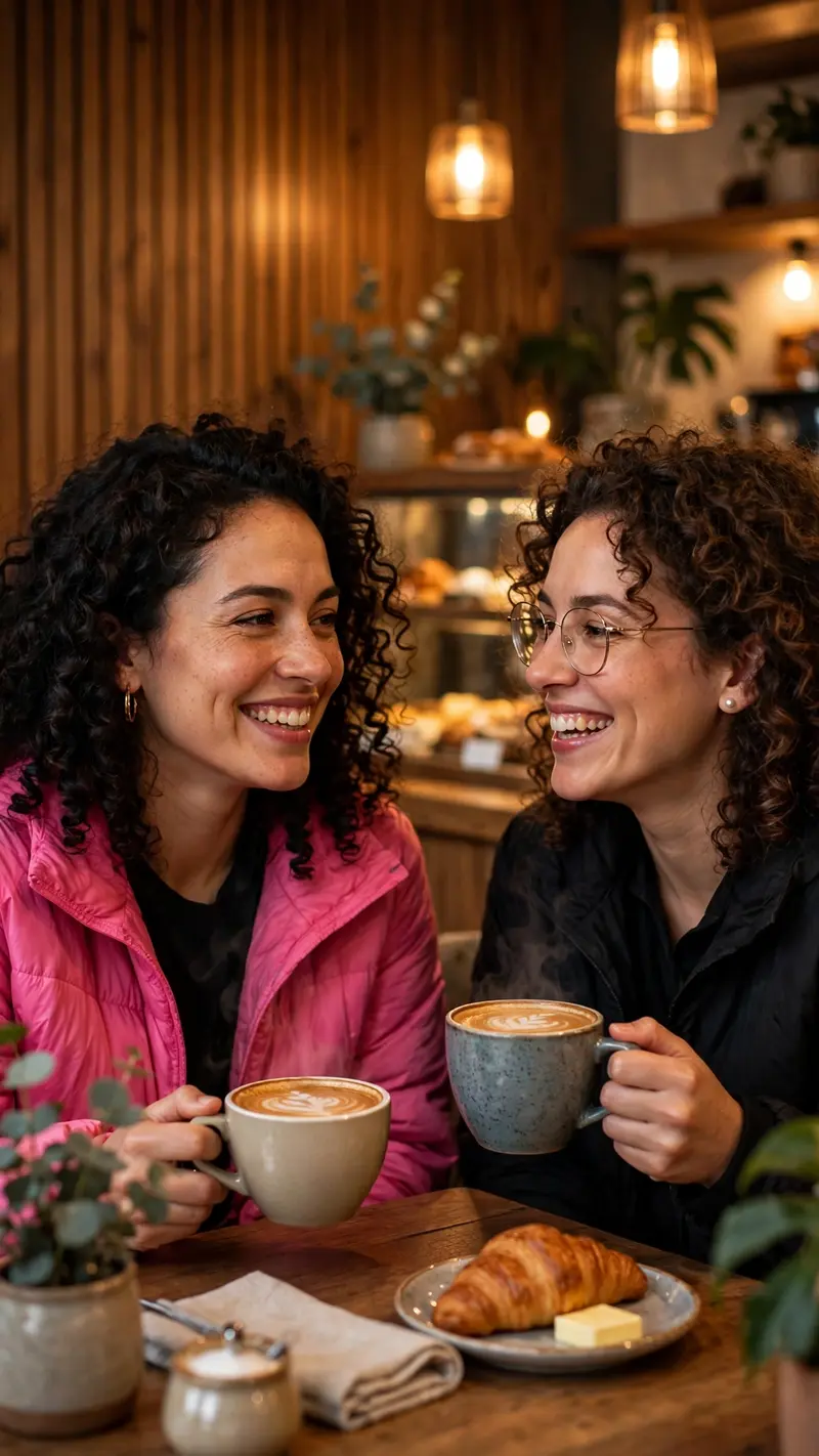Reference my uploaded photo for the exact faces, skin tones, and features. Nothing about identities should change. Place us on a cozy coffee date