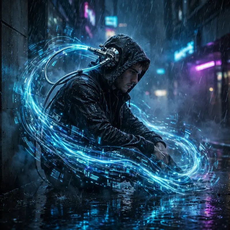 a lone netrunner jacked into a data stream rendered in moody dystopian concept art, chrome glinting under the downpour. Volumetric neon haze set a