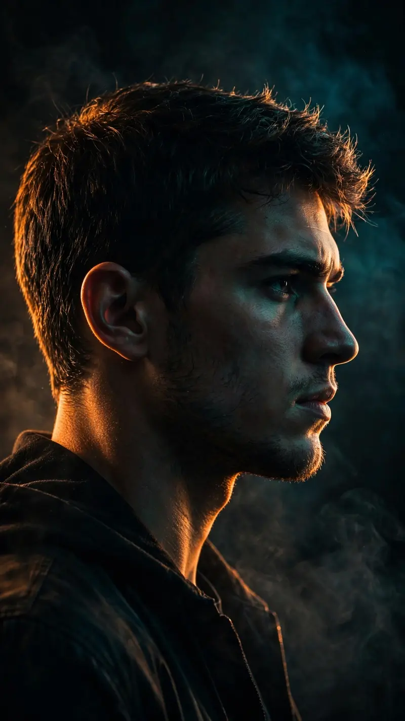 Create a vertical 9:16 dramatic portrait of a young man in a dark studio with strong rim lighting sculpting his profile. Deep shadows, intense
