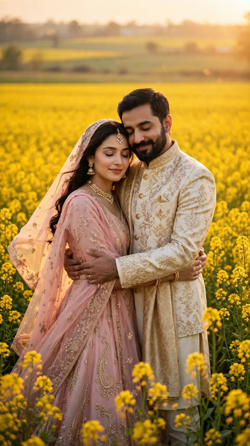 Create a dreamy pre-wedding photo: Indian couple embracing in a vast yellow mustard field at golden hour, woman in lehenga, man in sherwani, romantic