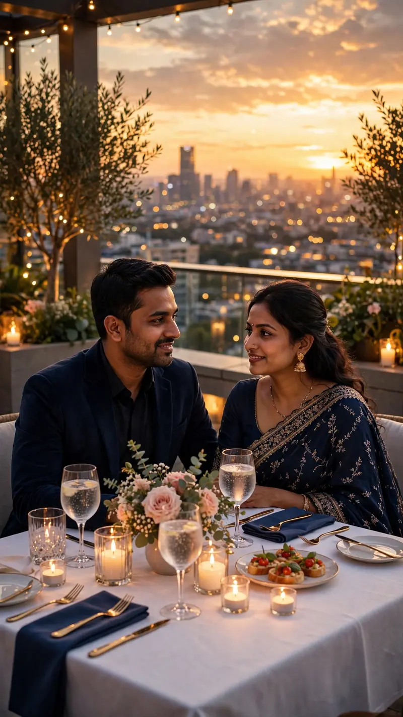 Transform this photo into a romantic anniversary dinner on a rooftop at sunset: elegant table with candles, city lights behind us, we are dressed