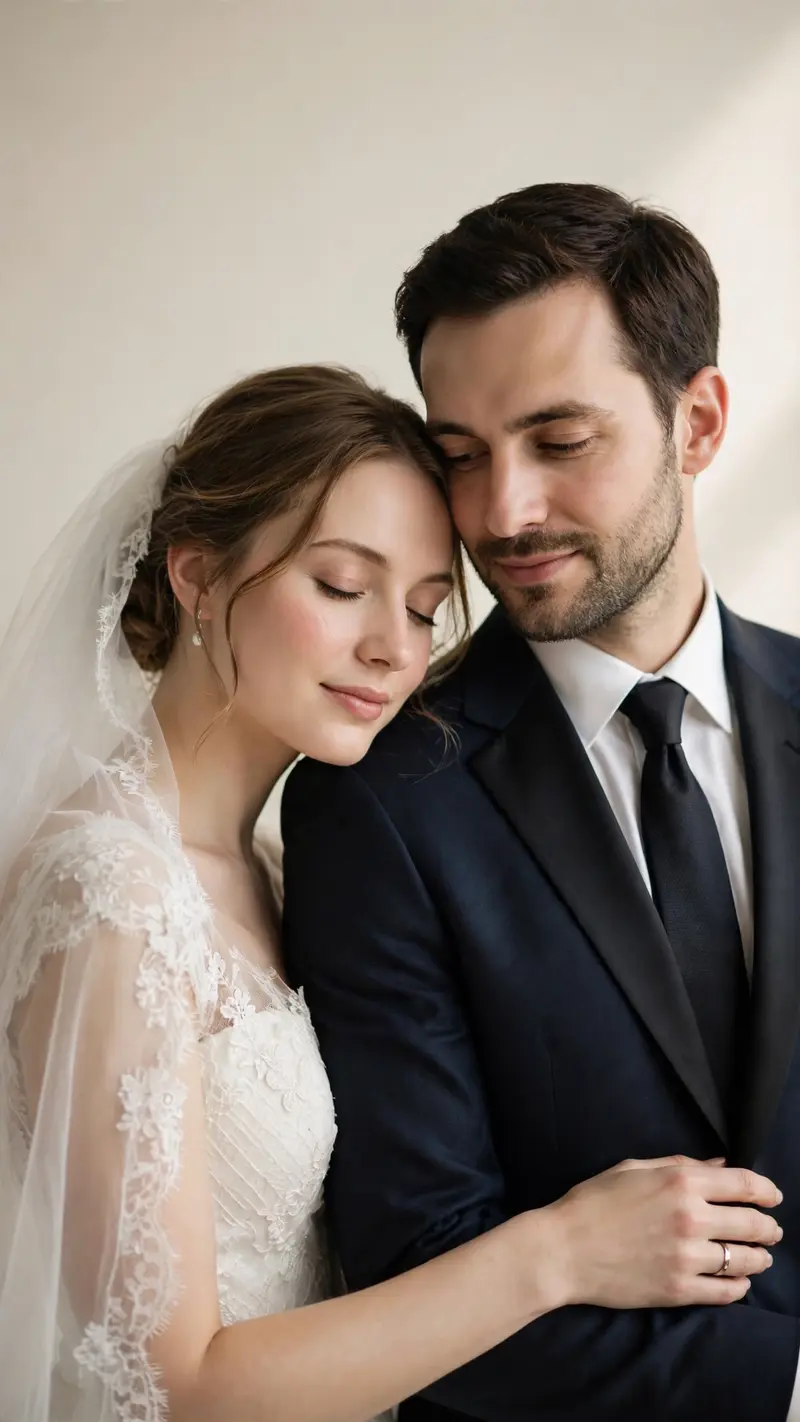 Create a vertical 9:16 portrait of an elegant wedding couple in a soft studio setting. Timeless romantic pose, the bride leaning gently on the groom