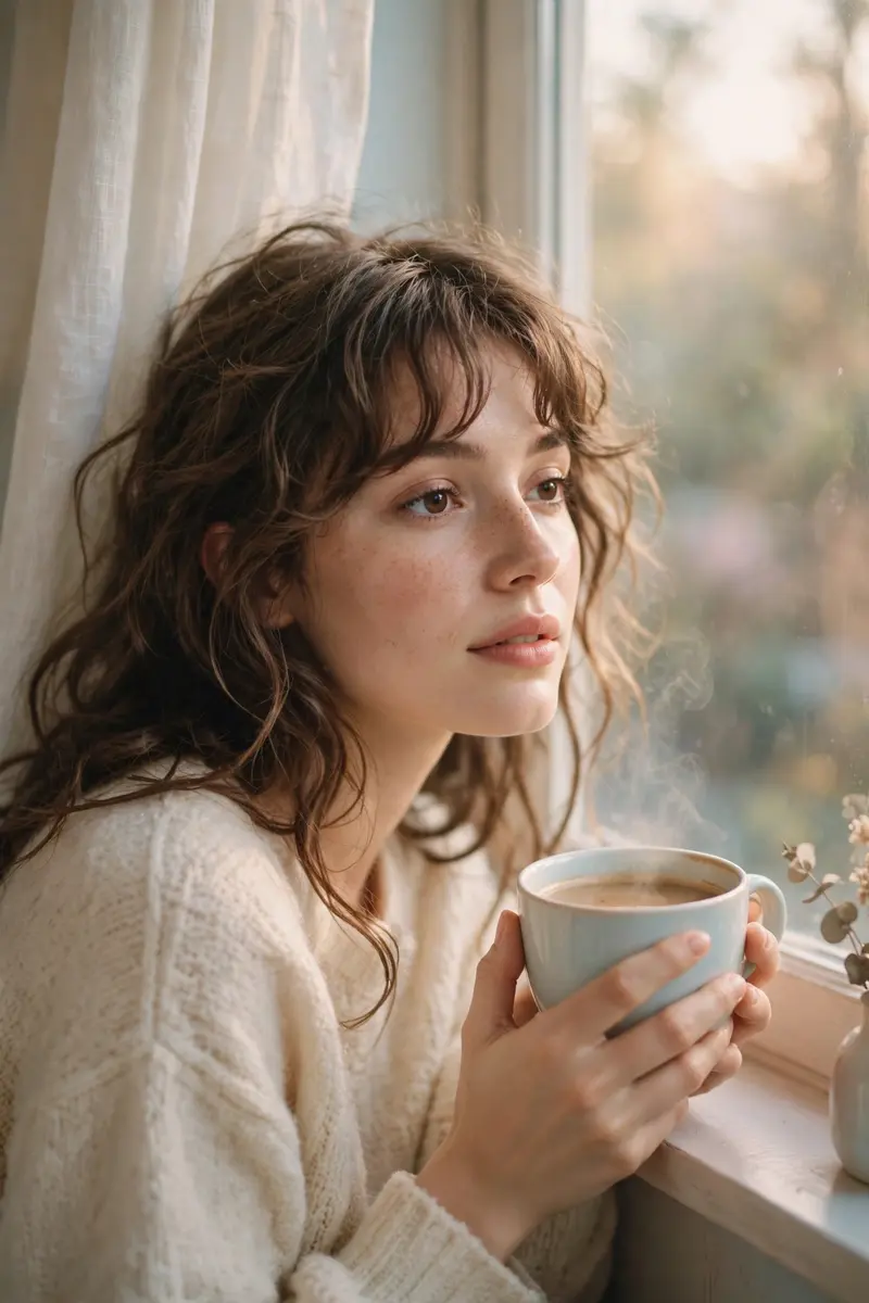 Aesthetic girl portrait, sitting by window with soft morning sunlight, holding a cup of coffee, dreamy pastel tones, film photography style