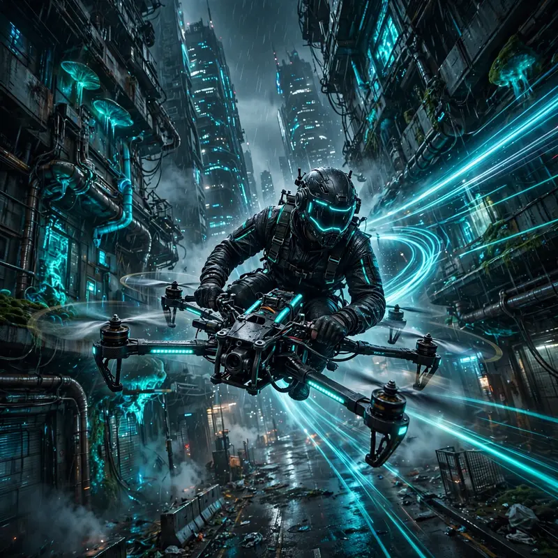 High-octane cinematic cyberpunk realism artwork of a drone racer weaving between skyscrapers, motion frozen amid the storm. Bioluminescent accent