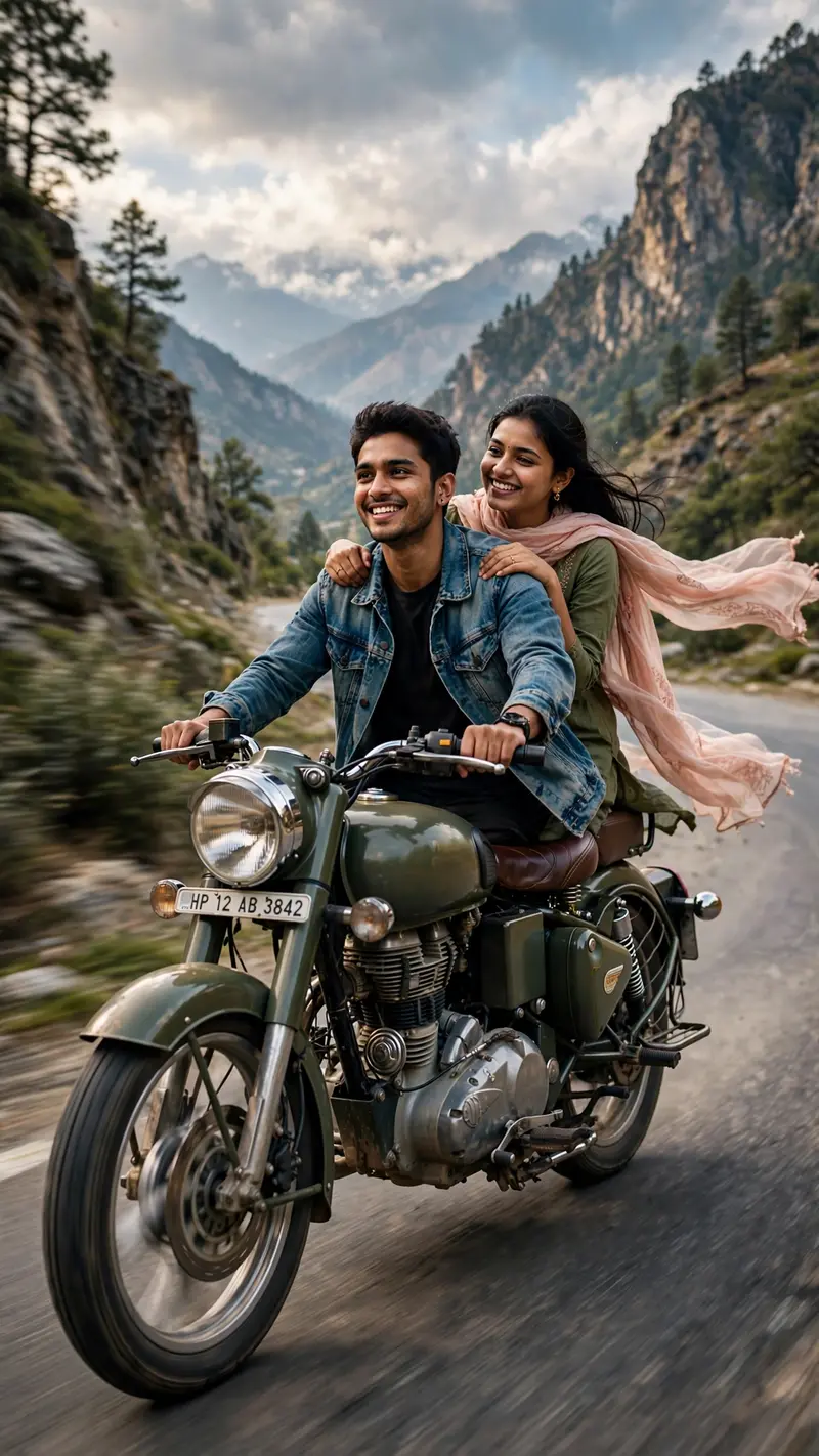 Create an ultra-realistic cinematic photograph of a young Indian couple riding together on a classic motorcycle through a scenic mountain road