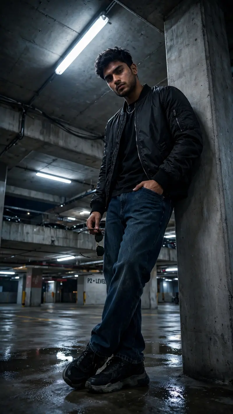 Create an ultra-realistic cinematic Instagram portrait of a stylish young Indian man leaning casually against a modern concrete pillar inside a