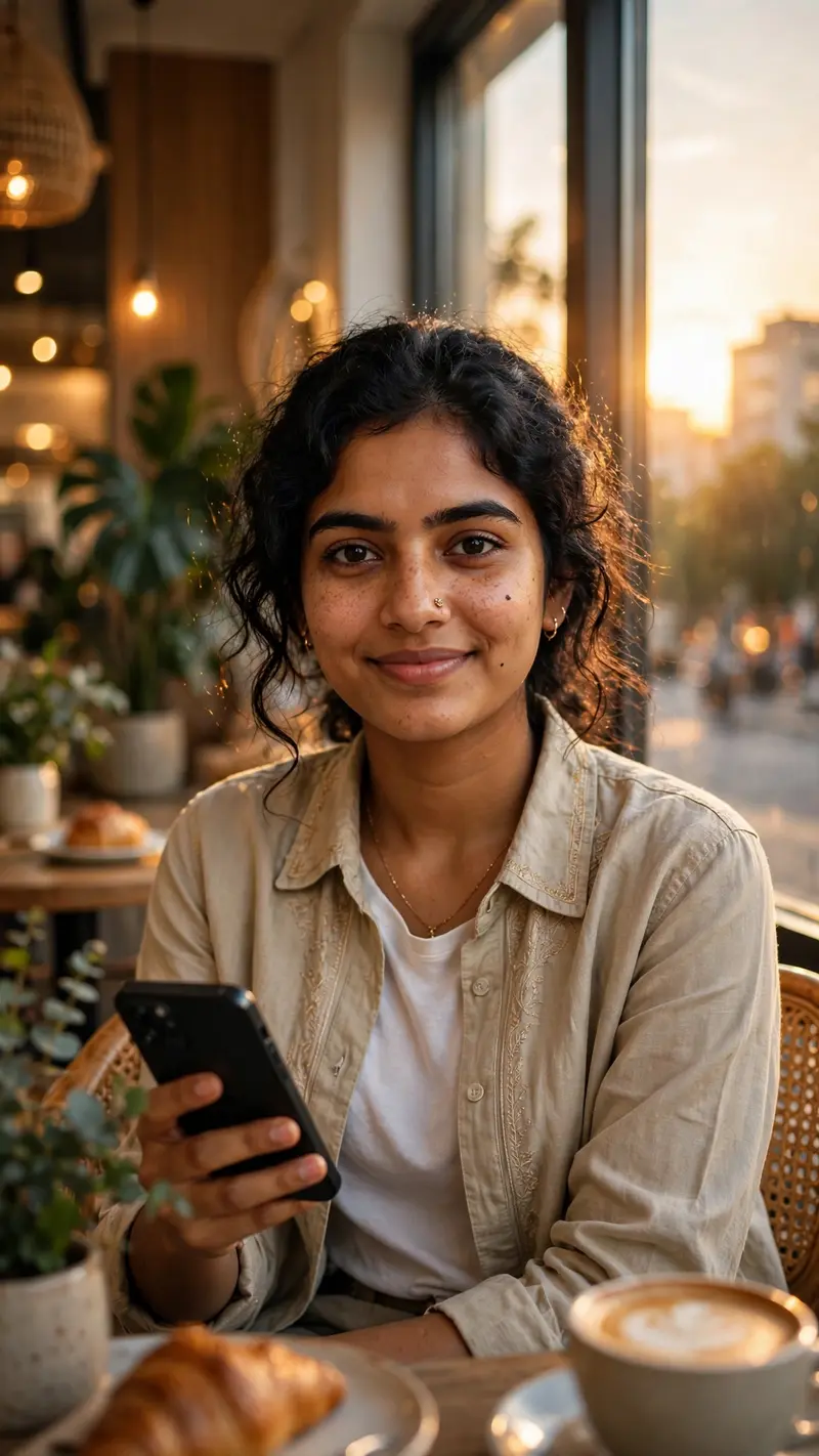 Create a viral-style ultra-realistic AI portrait of a beautiful young Indian girl sitting beside a large window in a modern café, wearing an elegant