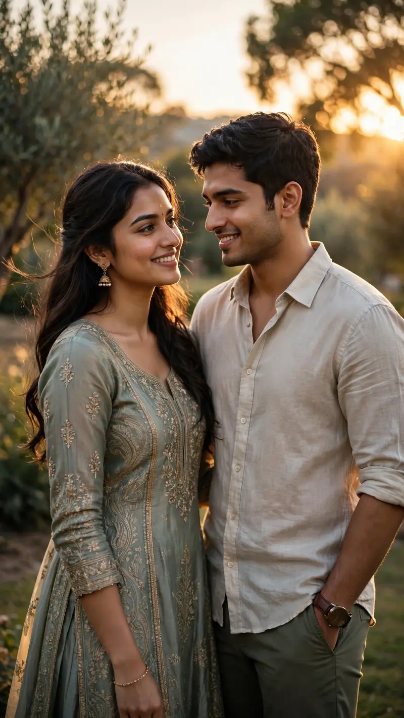 Create an ultra-realistic cinematic photograph of a beautiful young Indian couple standing together during golden hour in a peaceful outdoor
