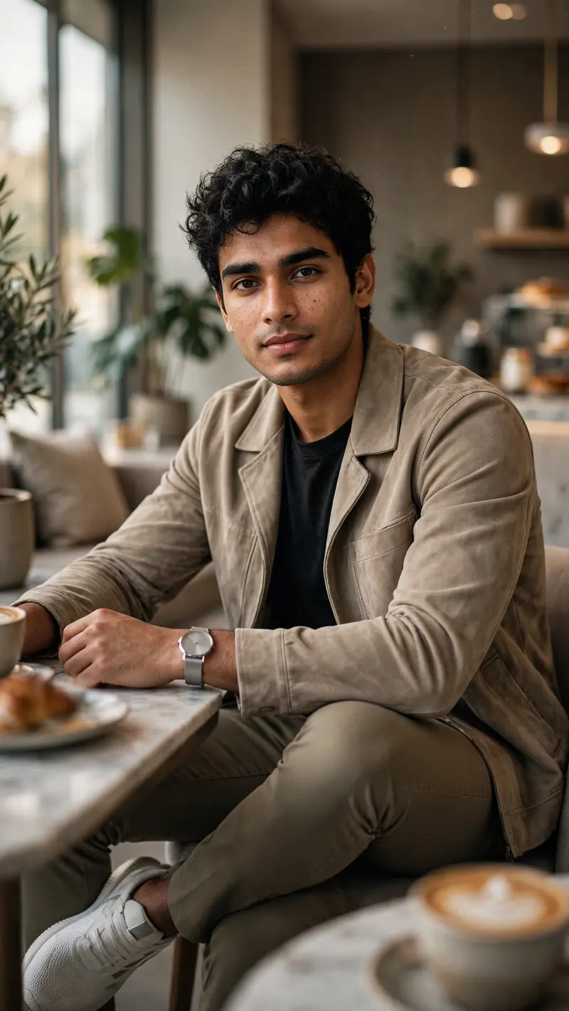 Create an ultra-realistic editorial photograph of a handsome young Indian man sitting at an elegant modern café, wearing a sophisticated casual