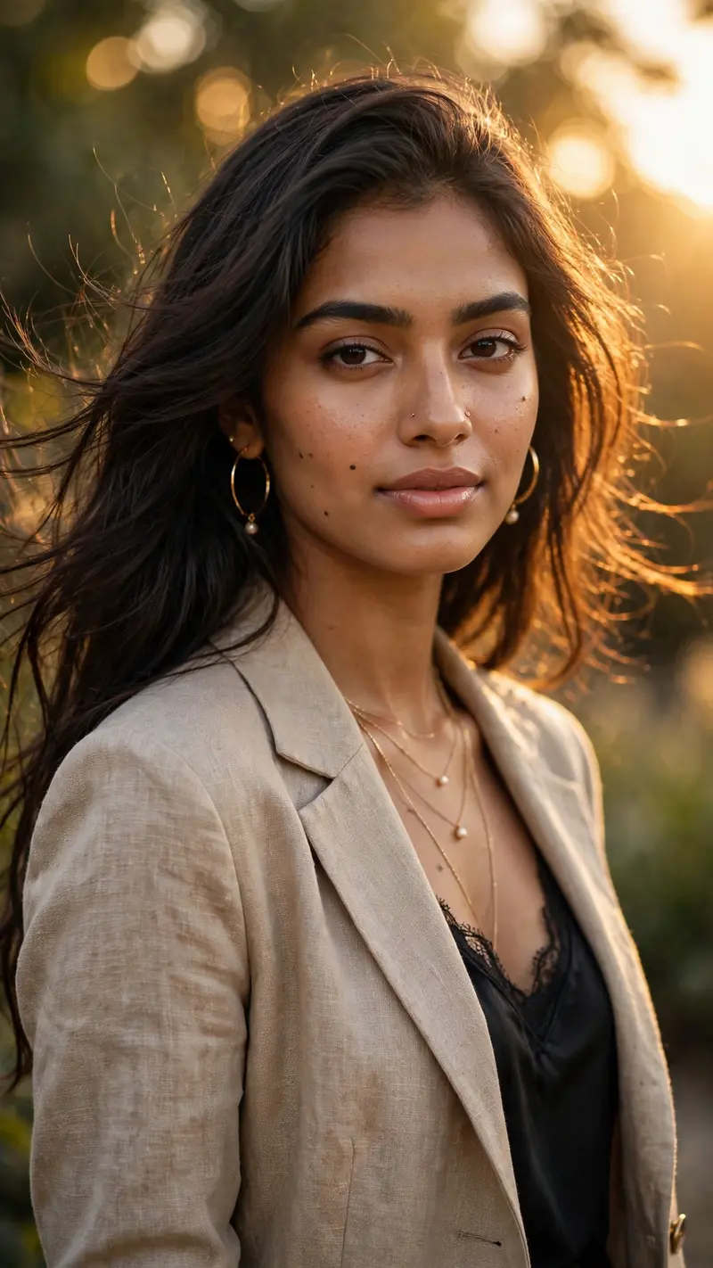Create an ultra-realistic cinematic portrait of a beautiful young Indian woman standing outdoors during golden hour. She is wearing a stylish modern