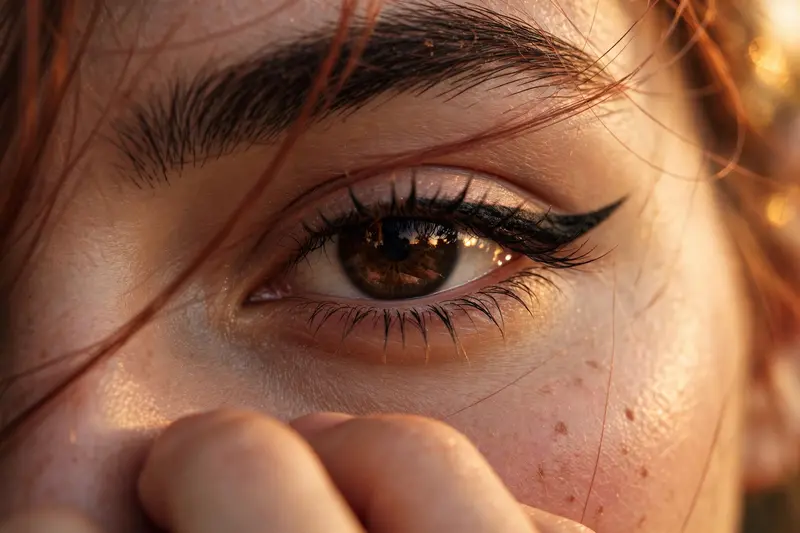 Ultra-realistic cinematic extreme close-up portrait of a young woman’s single eye filling most of the frame, captured in warm golden-hour sunlight