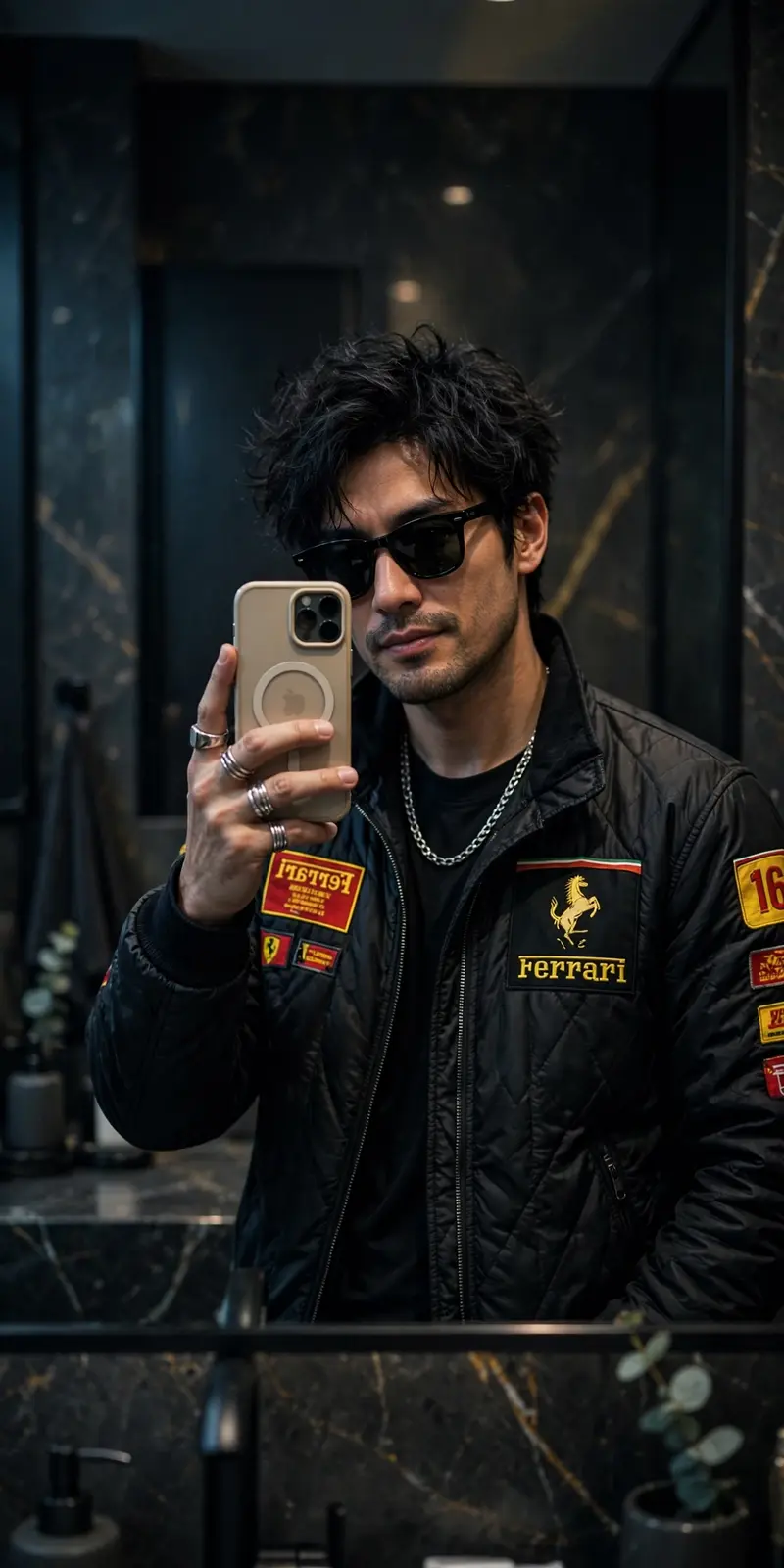 Create a hyper-realistic mirror selfie of me, using my uploaded face, tousled black hair, wearing black sunglasses, a black Ferrari racing jacket