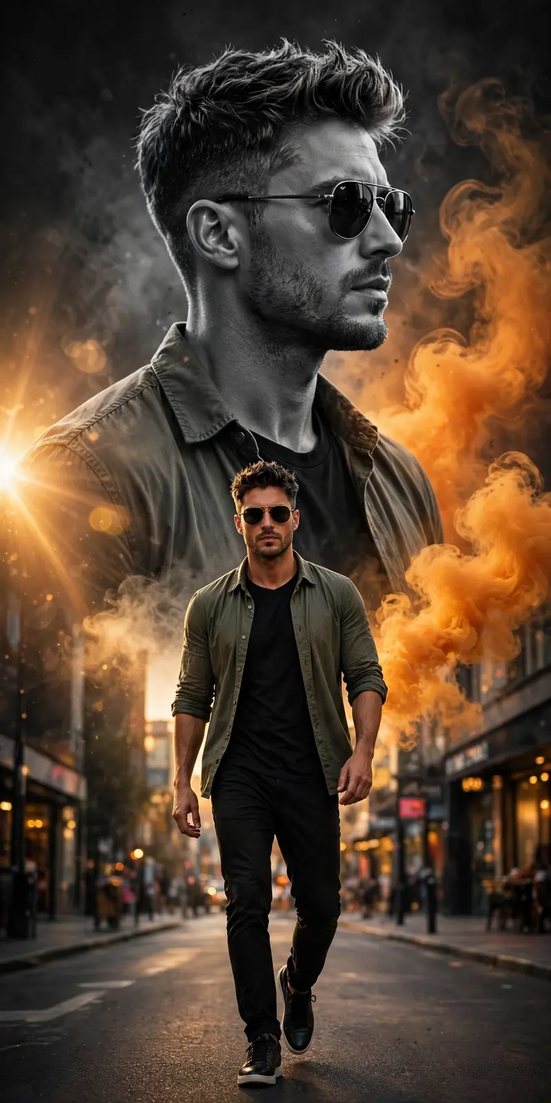 Hyper-realistic cinematic fashion poster, vertical, identical to the reference image with no morphing or alteration. Dual-portrait composition