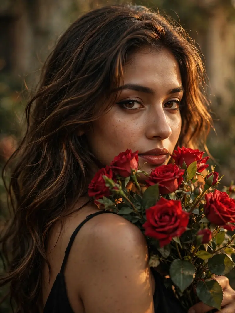 Ultra-realistic cinematic close-up portrait of a young South Asian woman, three-quarter profile, looking at the camera with a soft, mysterious