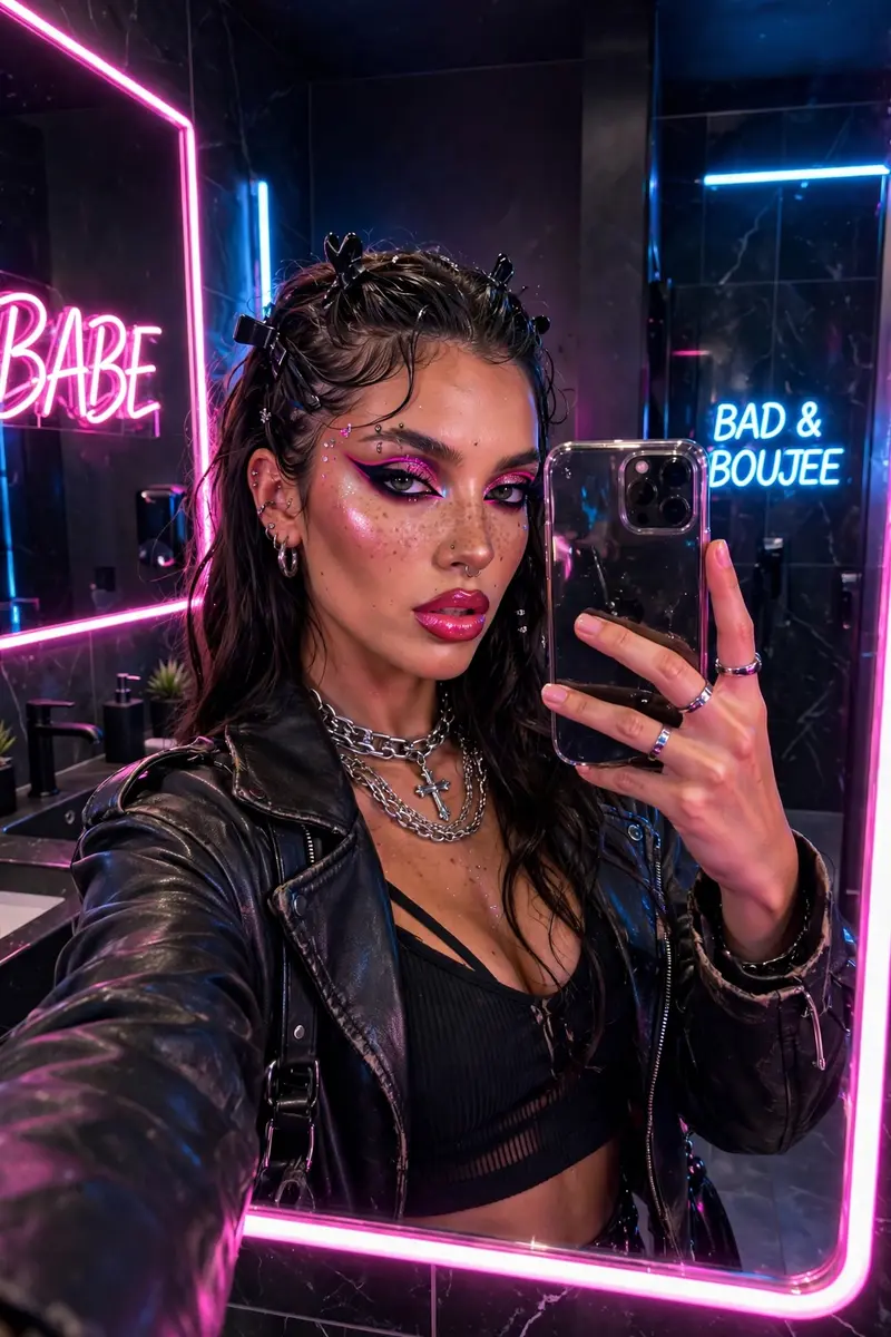 Generate a trendy baddie aesthetic photo, bold makeup, neon lighting, mirror selfie style, high-fashion vibe