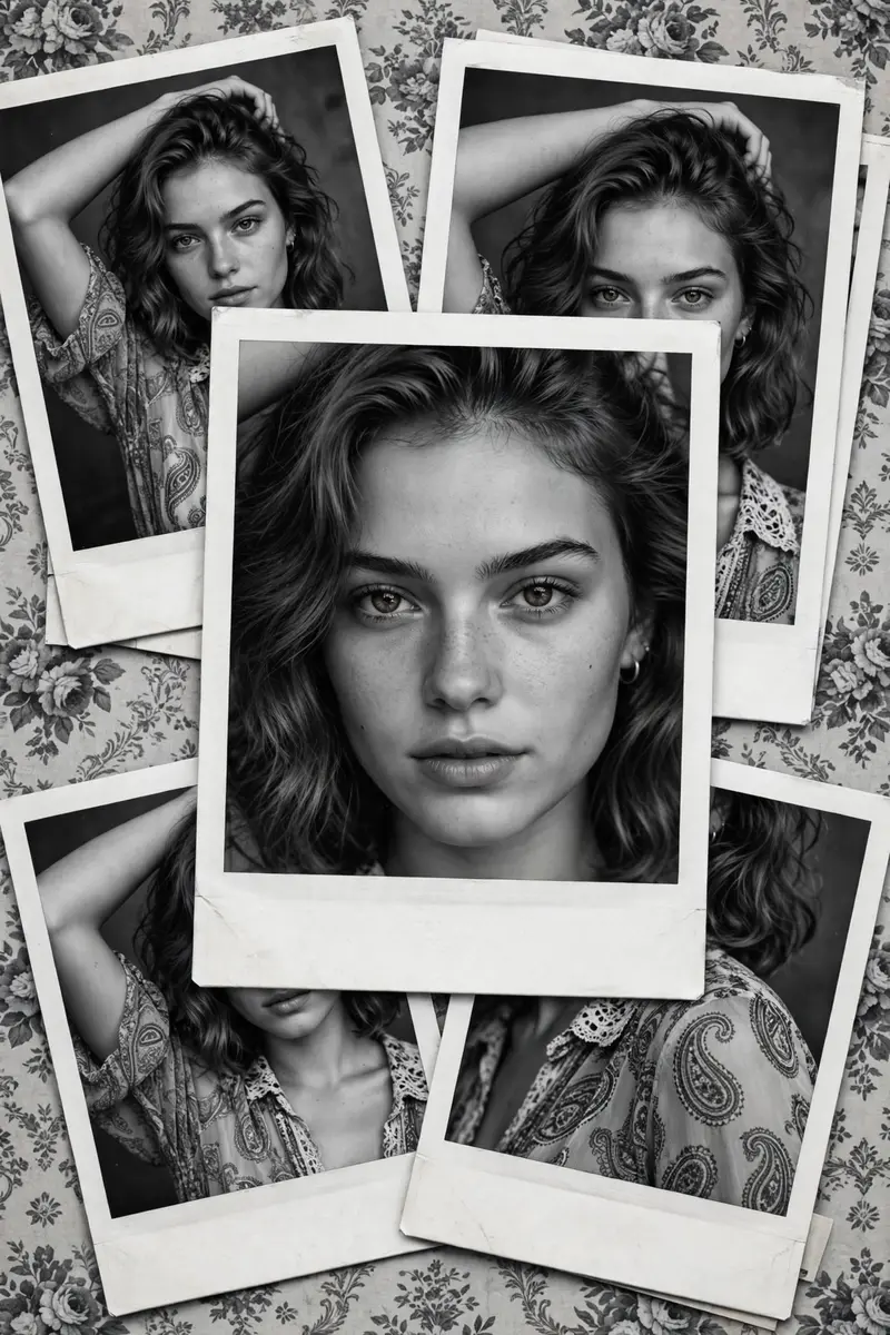 Turn this photo into an ultra-realistic black-and-white Polaroid collage portrait of the same woman, same face as the uploaded photo. Confident pose