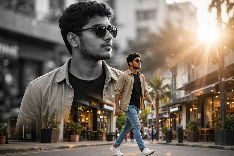 A 24 year-old Indian boy, face 100% identical to the reference image (no morphing, no alteration). Dual-portrait composition. Background: large