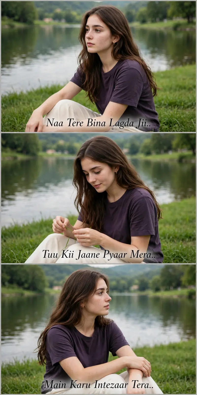 Ultra-realistic 3-frame vertical collage of the same girl sitting on lush green grass by a calm lakeside, dark purple shirt and cream pants, same