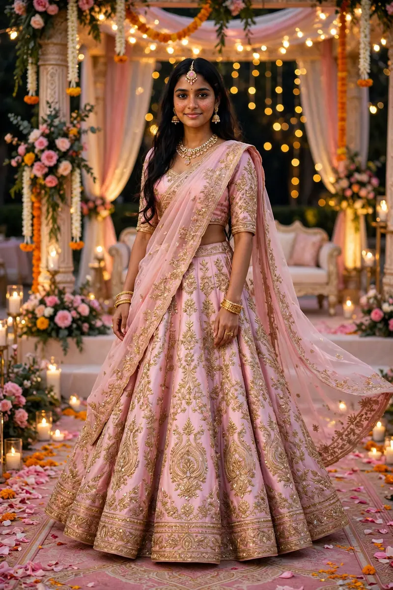 A beautiful young Indian woman wearing a luxurious pastel pink lehenga with heavy golden embroidery, matching blouse and elegant flowing dupatta