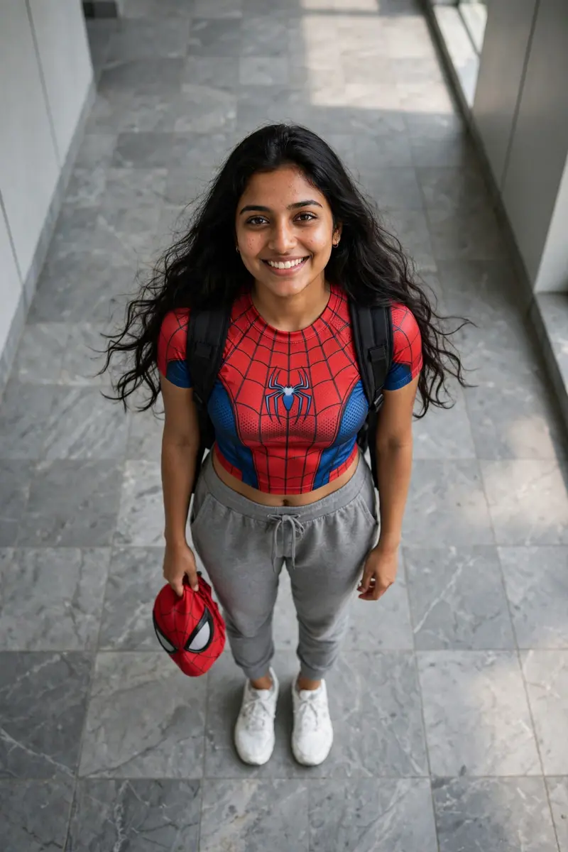 high-angle full-body shot of a young South Asian woman looking straight up at the camera with a warm, genuine smile, standing alone on a grey