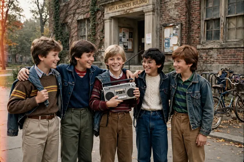 Ultra-realistic vintage photograph of five young boys posing together outside an old 1980s college building, wearing authentic retro sweaters, denim