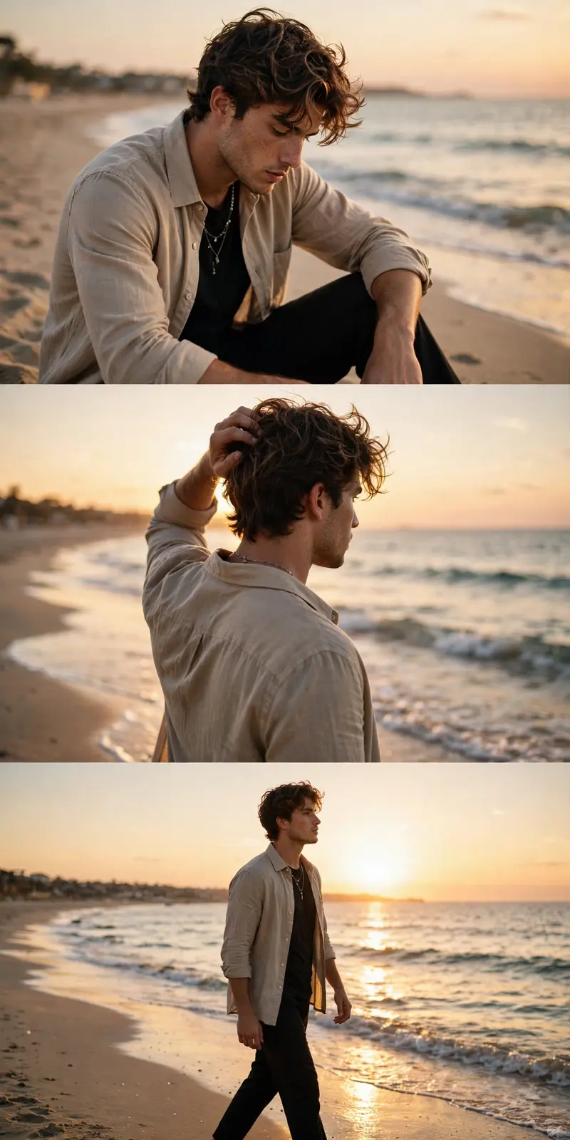 ULTRA-REALISTIC CINEMATIC THREE-PANEL VERTICAL COLLAGE of the same stylish young man at a beach during a golden-hour sunset. Keep his exact face
