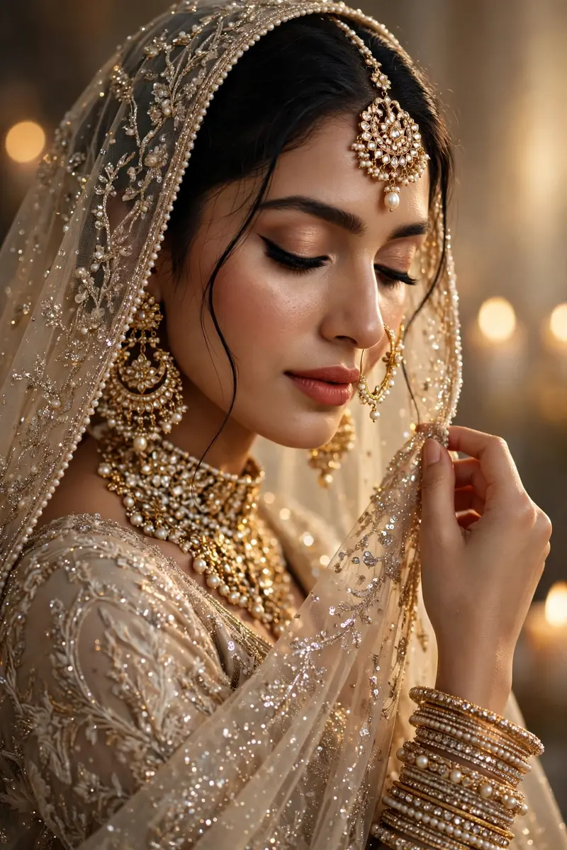 Create an ultra-realistic cinematic close-up portrait of a beautiful South Asian bride wearing an elegant champagne-gold and ivory heavily