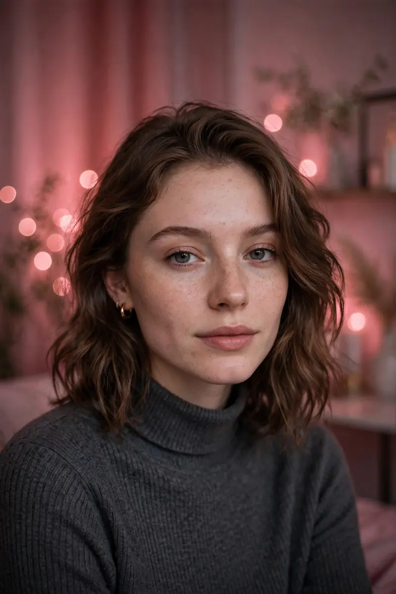 Enhance this image with aesthetic pink blur background Soft lighting +indoor aesthetic room with dim lighting + no changes in facial features + clear
