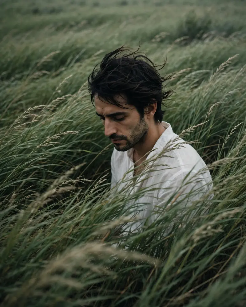 CREATE A 4:5 CINEMATIC, ATMOSPHERIC EDITORIAL PORTRAIT USING THE ATTACHED PHOTO AS THE EXACT FACE AND IDENTITY REFERENCE. A SOLITARY, MAN STANDS