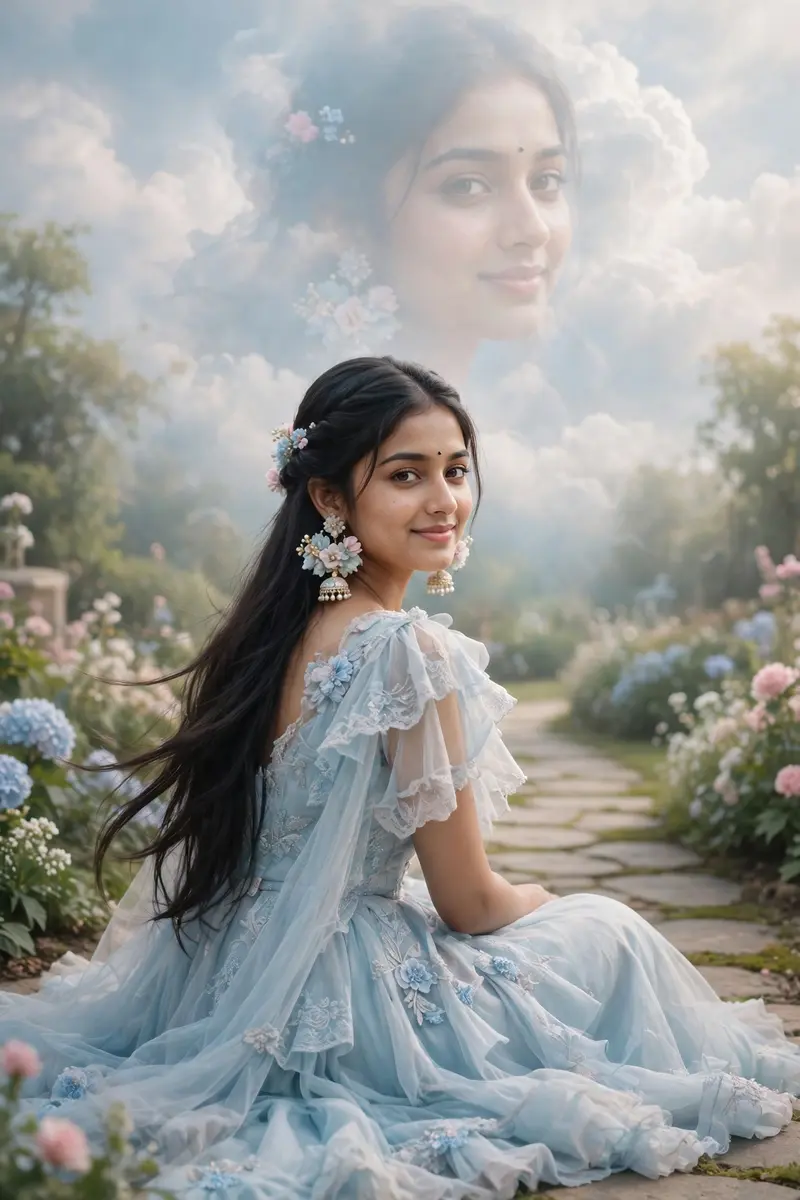 Beautiful young Indian woman, Ultra realistic, wearing a dreamy pastel blue layered princess gown, oversized floral jhumka earrings, tiny black