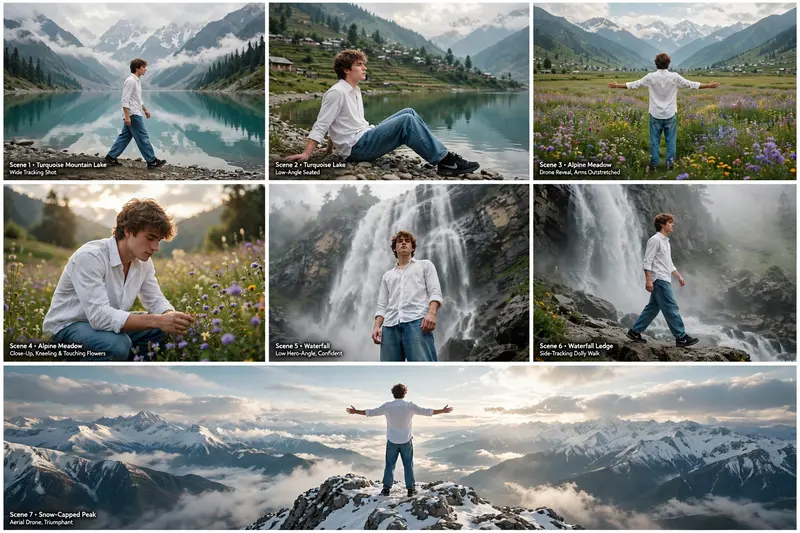 A cinematic ultra-realistic video (16:9) of a young man wearing a premium white full-sleeve shirt, baggy relaxed-fit denim jeans, and black Nike