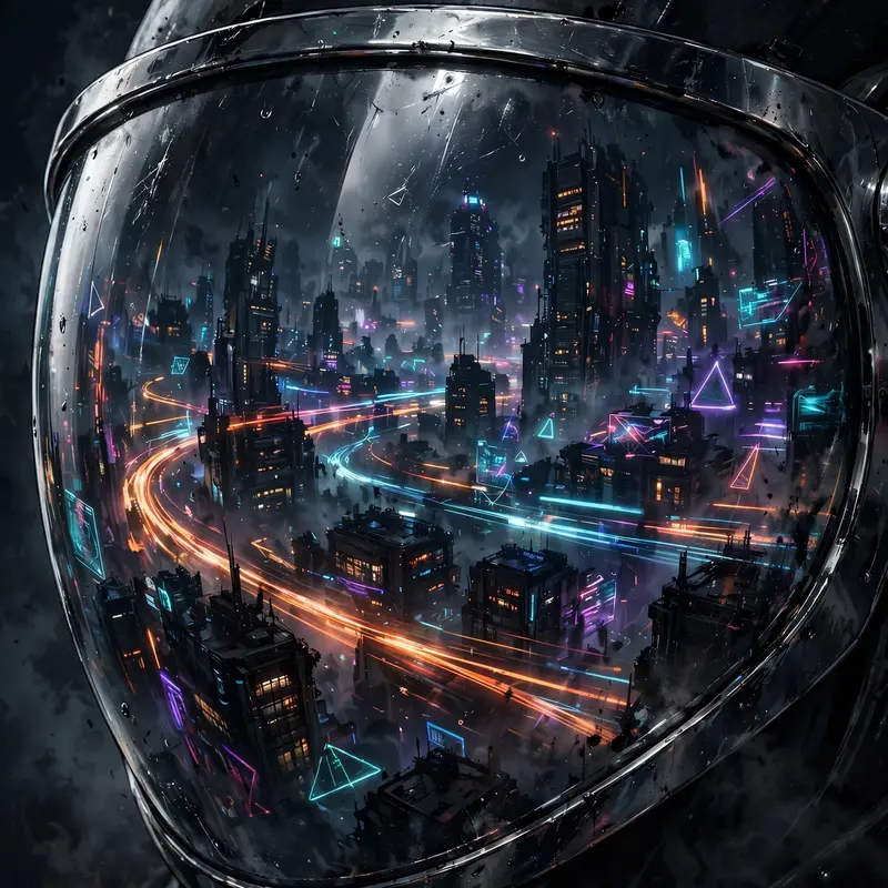Cinematic frame of a megacity reflected in a chrome visor, rendered in dark tech-noir illustration amid towering megacity blocks. Flickering