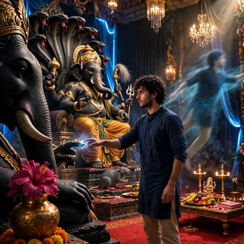 Create a near-square devotional VFX fantasy video inside a richly decorated Ganesh pandal hall. A young barefoot devotee with curly dark hair, light