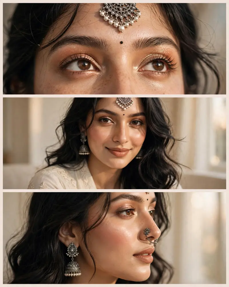 Create an ultra-realistic luxury editorial beauty collage using the uploaded reference image of the SAME person. ABSOLUTE IDENTITY PRESERVATION