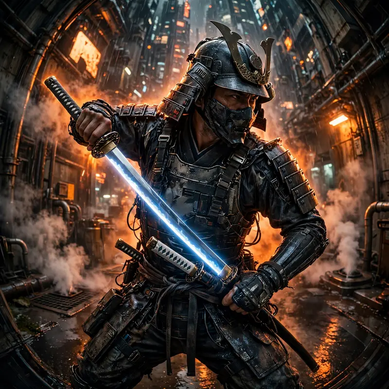 sci-fi render depiction of a street samurai drawing a plasma katana, caught between flickering signs and steam vents. Sodium-orange rim light paint