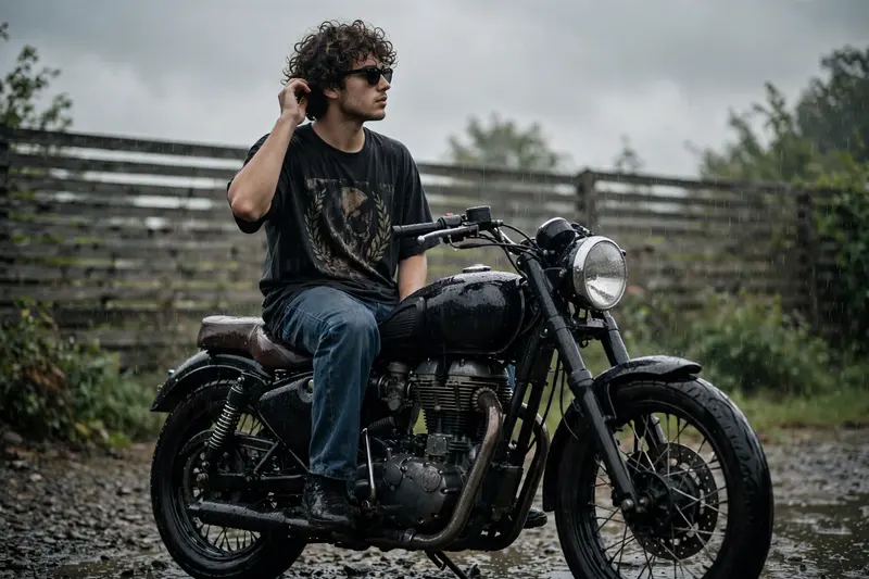 A moody, cinematic, ultra-realistic photograph of a young man with curly hair and sunglasses sitting on a black retro motorcycle during a rainy