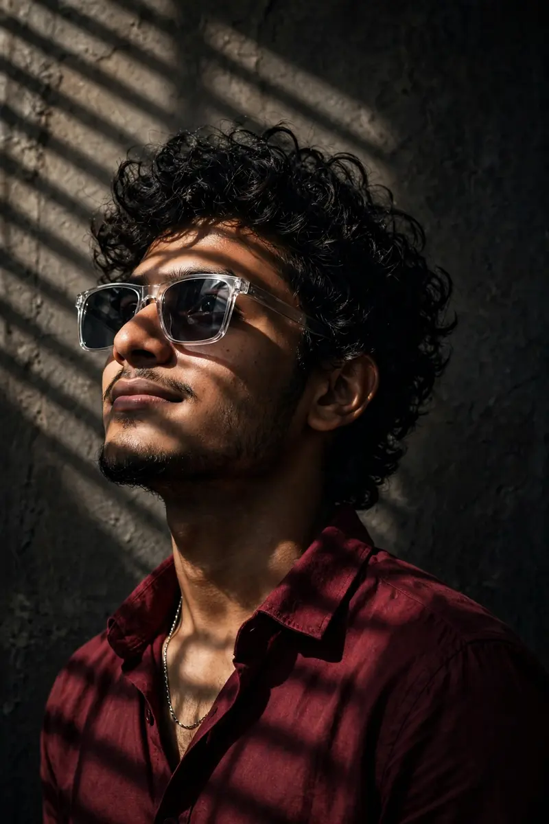 Create portrait of a young South man (same as reference image), appearing to be in his early 20s, is posed against a dark, textured background. He