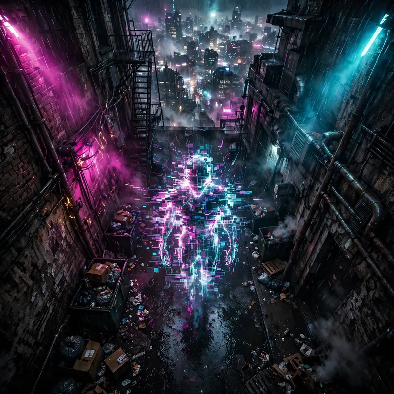 Moody gritty neo-noir cyberpunk style scene: a glitch ghost flickering in a dark alley, the city humming behind them. Harsh magenta and cyan key