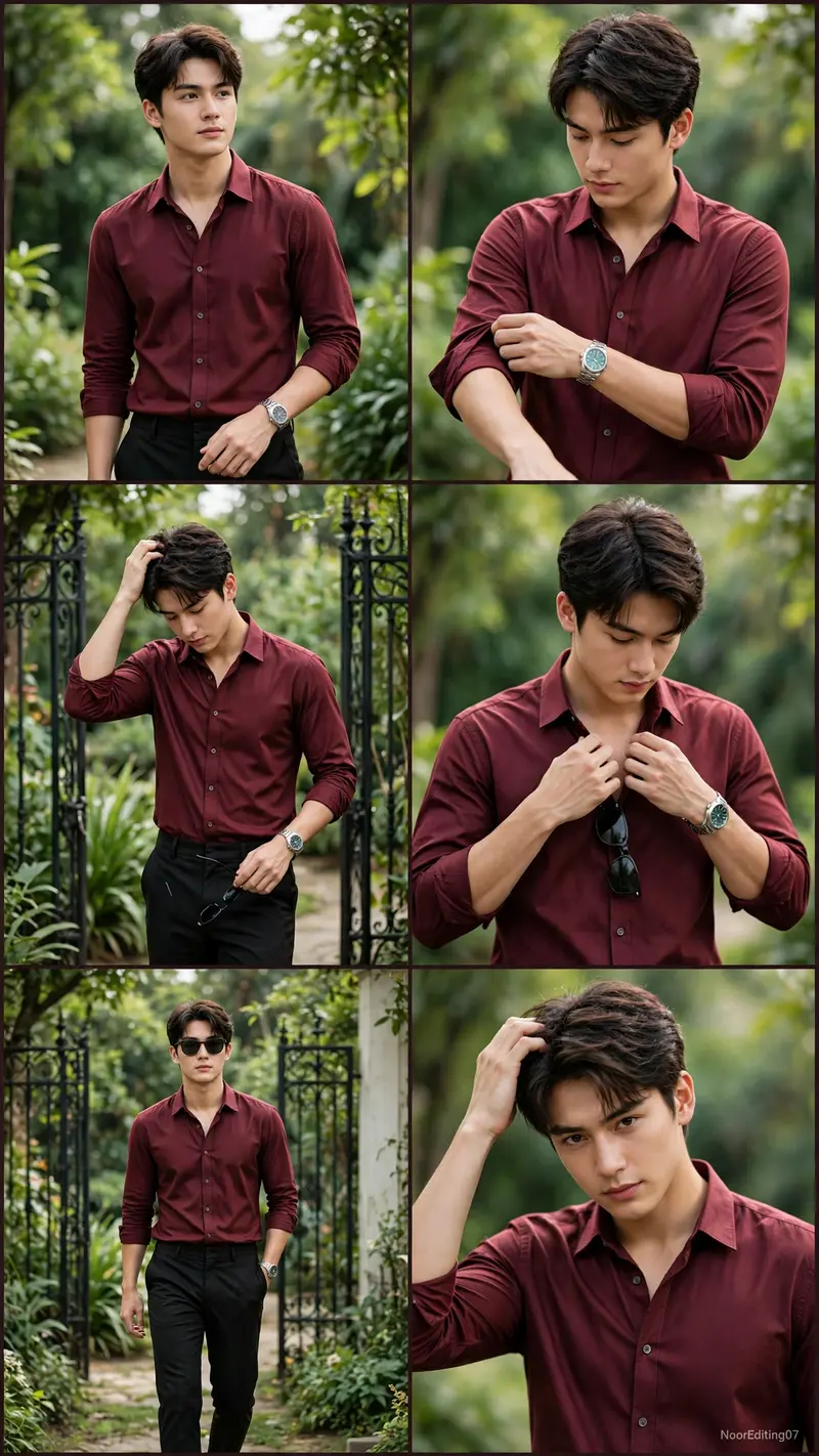 A cinematic ultra-realistic video (16:9) of a young man wearing a maroon/dark red full-sleeve button-down shirt, black trousers, and a silver