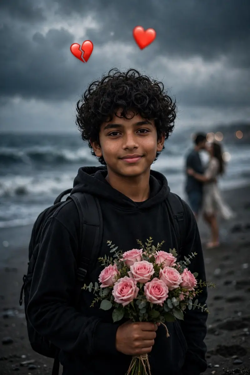 Ultra-realistic DSLR portrait of a young South Asian boy standing on a dark sandy beach, holding a bouquet of pink roses, wearing a black sweatshirt