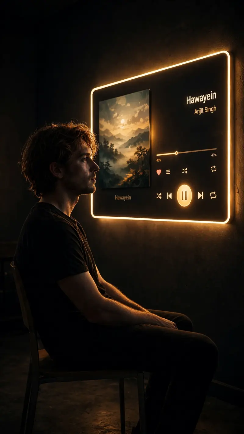 Transform my uploaded photo into a cinematic 9:16 vertical portrait inspired by a dark, aesthetic music-listening scene. Keep the exact same person