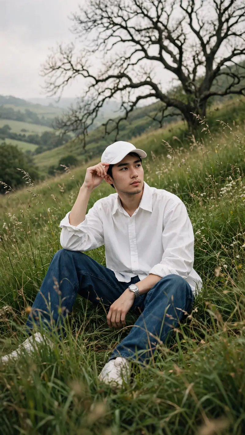 Nature Fashion Portrait Prompt A cinematic vertical portrait of a stylish young man sitting casually in the middle of a lush, overgrown green grass