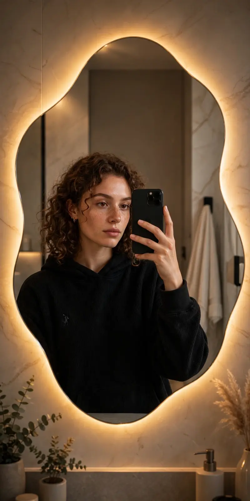 Transform the uploaded mirror selfie into a luxury LED mirror portrait. Replace the existing mitor frame with an elegant irregular organic shape