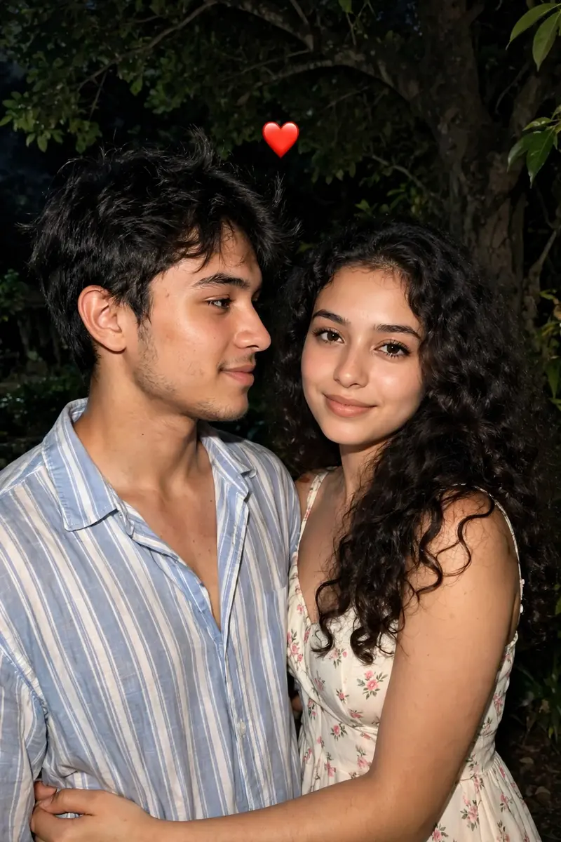 Create an ultra-realistic candid night-time portrait of a young couple standing closely together outdoors in a natural garden setting. Use the