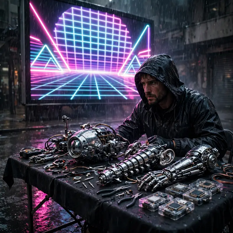 a vendor selling black-market implants rendered in retro-futurist synthwave art style, chrome glinting under the downpour. Electric billboard