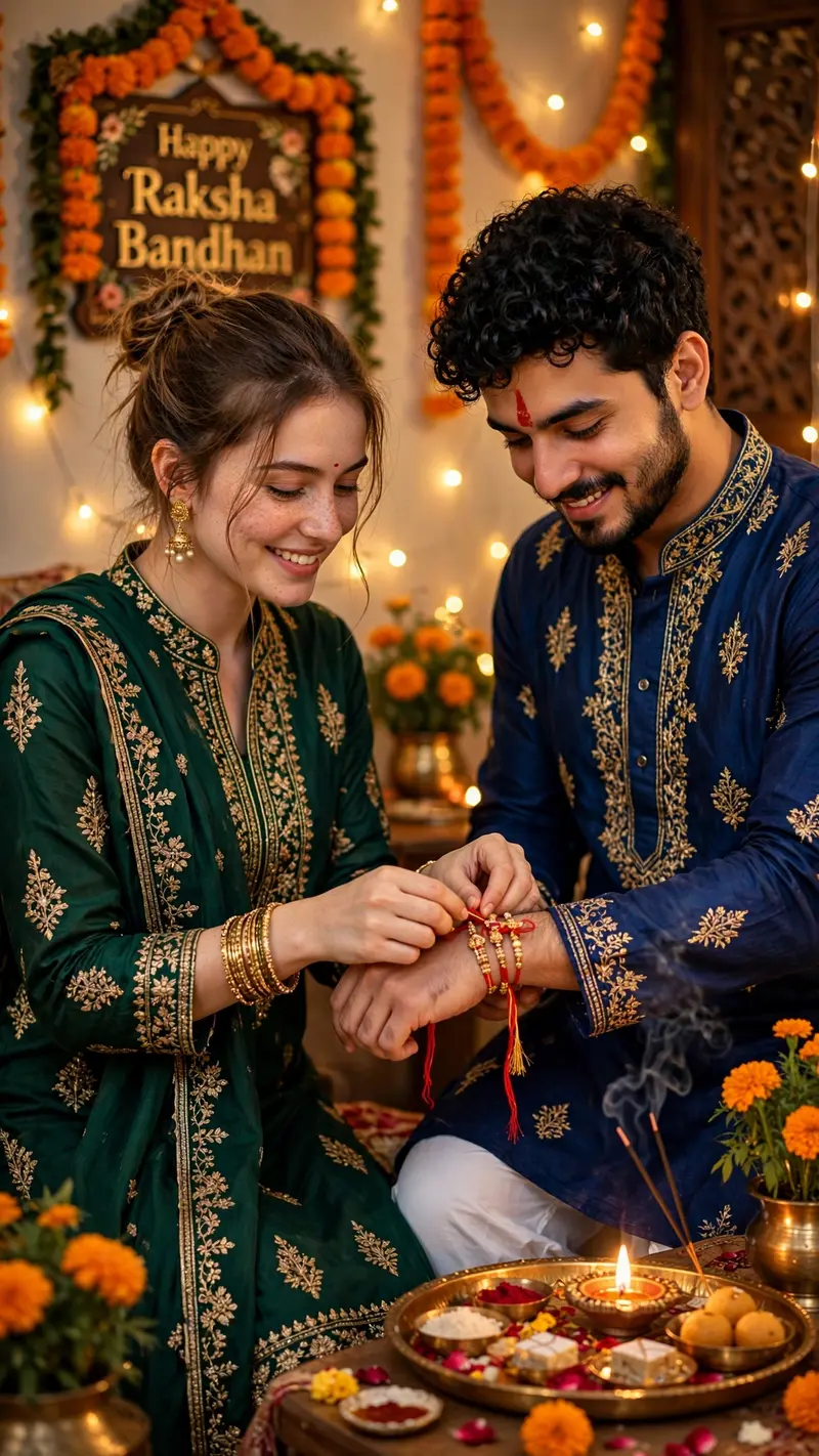 Create an ultra-realistic cinematic vertical 9:16 Raksha Bandhan photo using the two uploaded references. First image = sister, second image =
