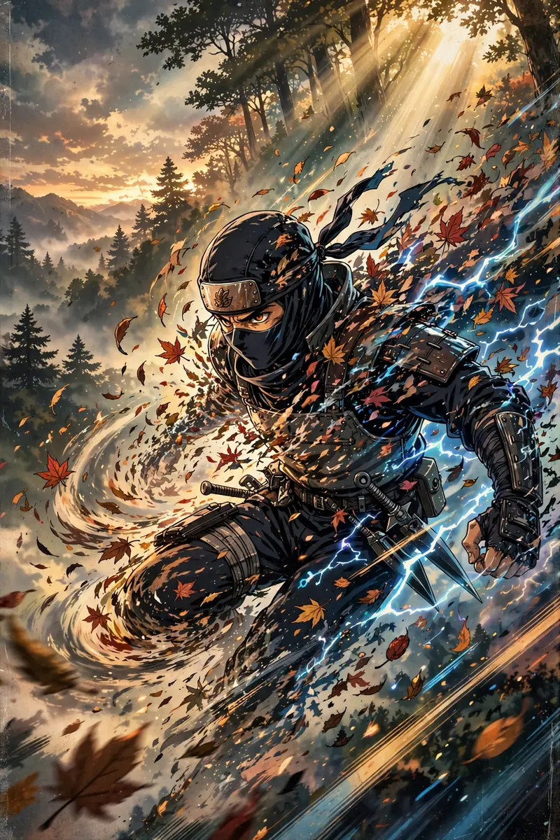 Epic anime splash art featuring a ninja vanishing into swirling leaves in retro 80s anime aesthetic, energy crackling around the figure. Soft