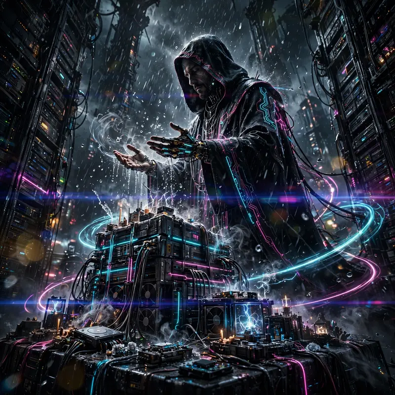 High-octane high-contrast digital cyberpunk art artwork of a data priest blessing a server shrine, motion frozen amid the storm. Low-key chiaroscuro