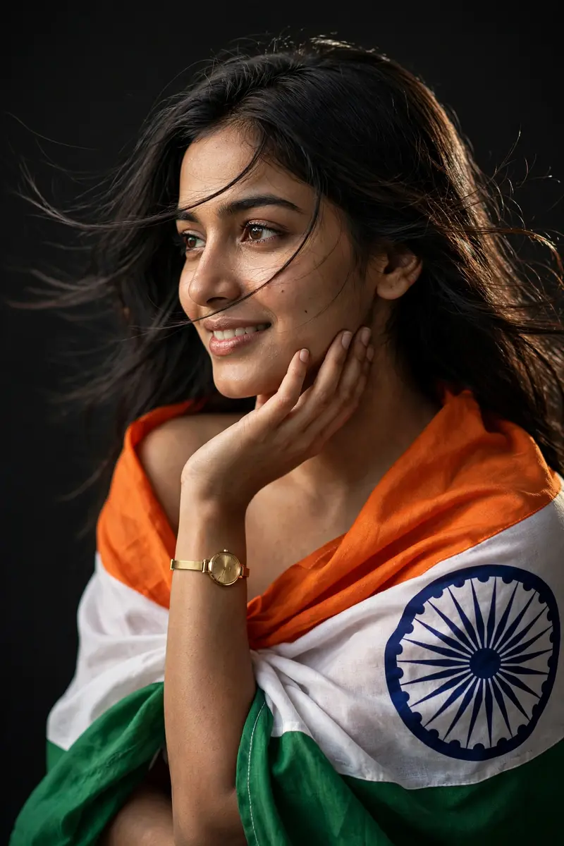 Ultra-realistic RAW DSLR cinematic portrait of a beautjul young South Asian woman gracefully draped in the Indian national flag (tricolor), standing