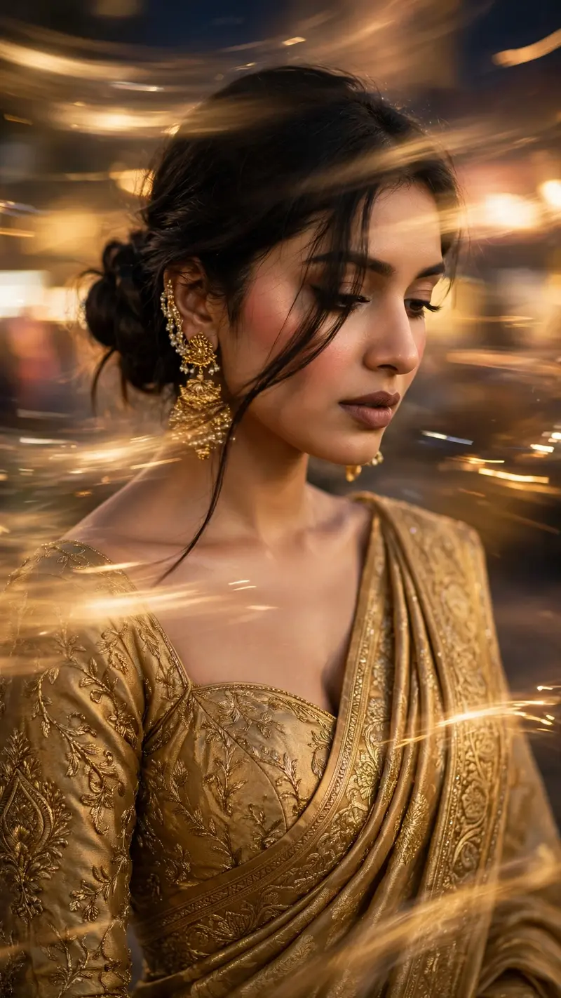 Intentional artistic motion-blur portrait, shot on a smartphone or long-exposure camera. Not so Extreme close-up of a woman with a loose braided low